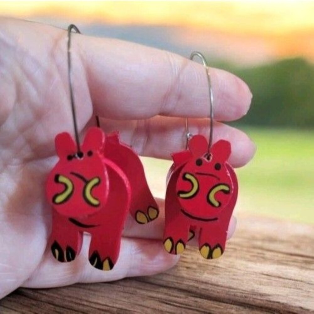 Fun Rare Red Hand Painted Motion Hippo Hippopotamus Charm Hoop Earrings